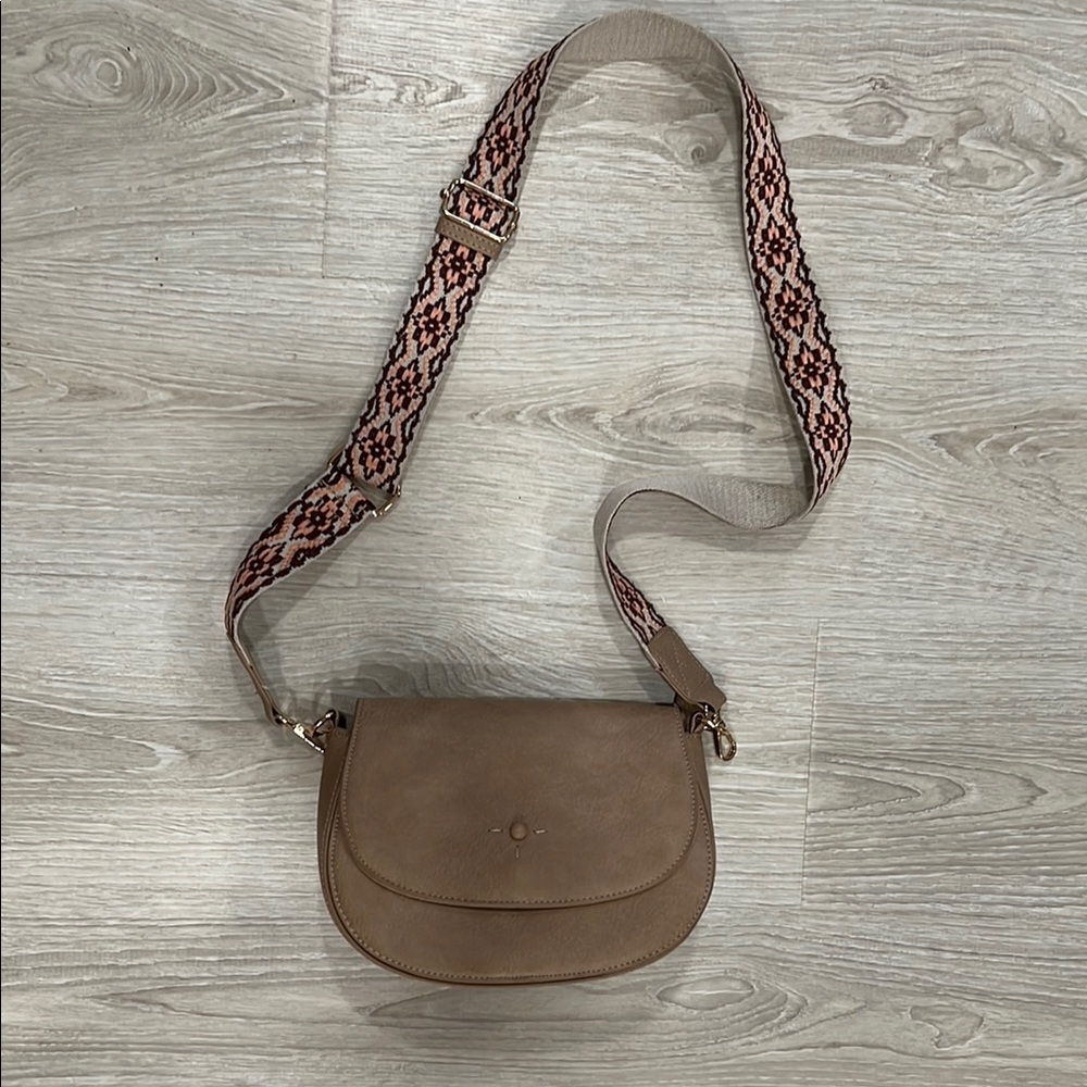 Tan Crossbody Bag with Patterned Strap